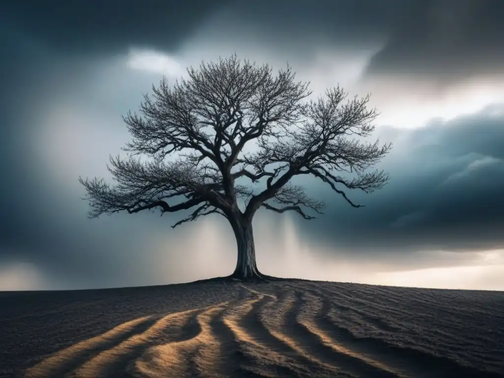 Un árbol solitario se yergue en un paisaje desolado bajo nubes tormentosas, transmitiendo resiliencia en la crisis climática