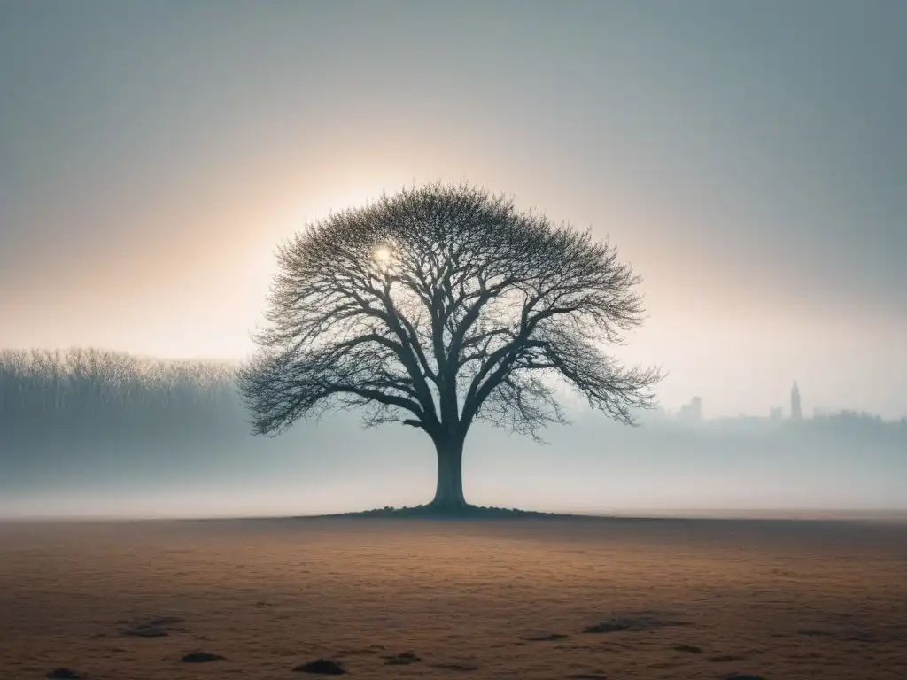 Un árbol solitario en un paisaje desolado con la silueta de una ciudad al fondo