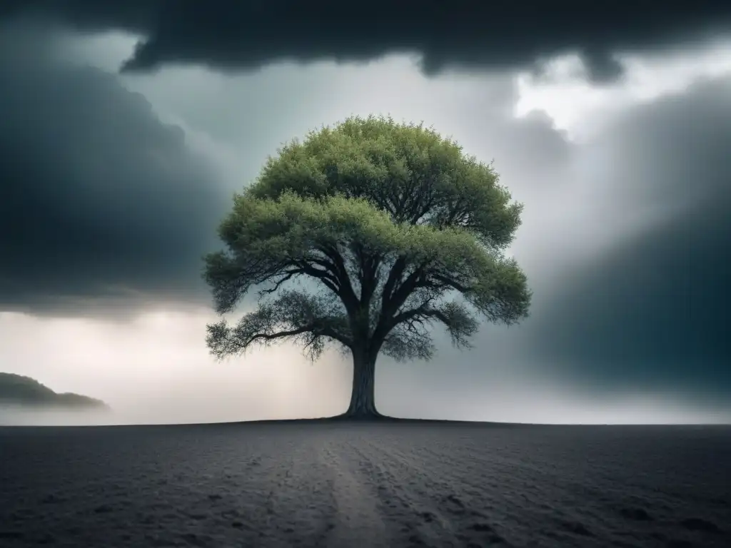 Un árbol solitario se yergue en un paisaje desolado, con nubes tormentosas y hojas marchitas, transmitiendo la poesía contemporánea crisis climática