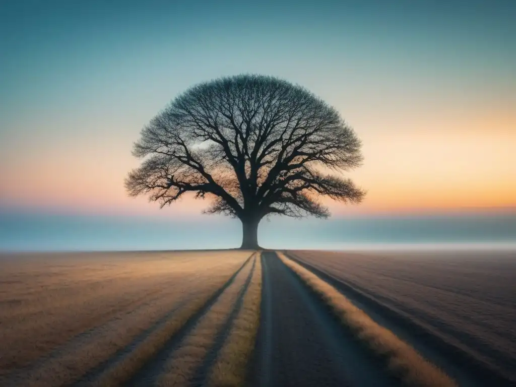 Un árbol solitario destaca en un paisaje desolado, simbolizando la belleza y la resiliencia de la naturaleza