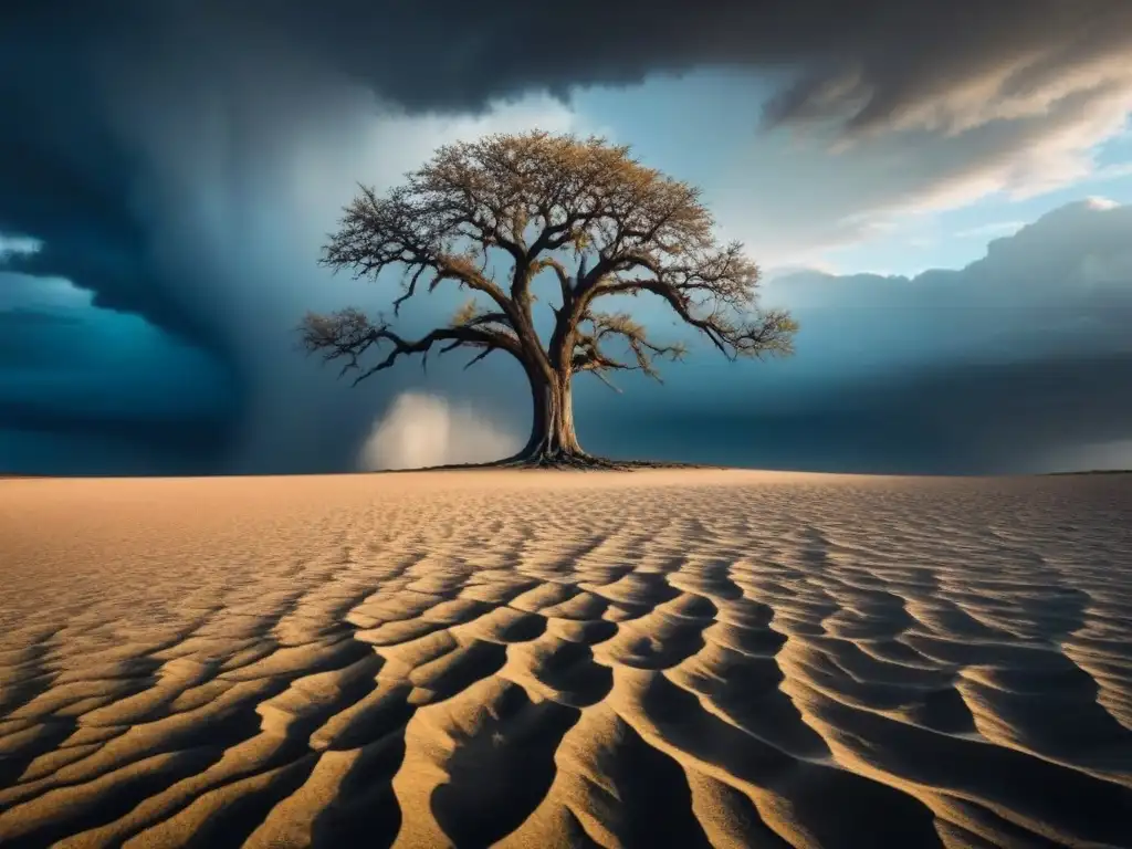 Un árbol solitario se yergue en un paisaje desolado, sus raíces hondas y sus ramas al cielo tormentoso