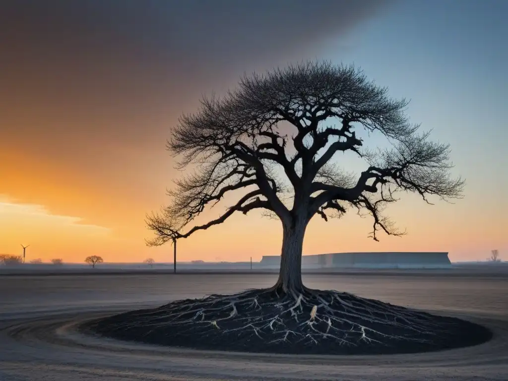 Un árbol solitario se alza en un paisaje industrial, sus raíces entre papeles de poesía