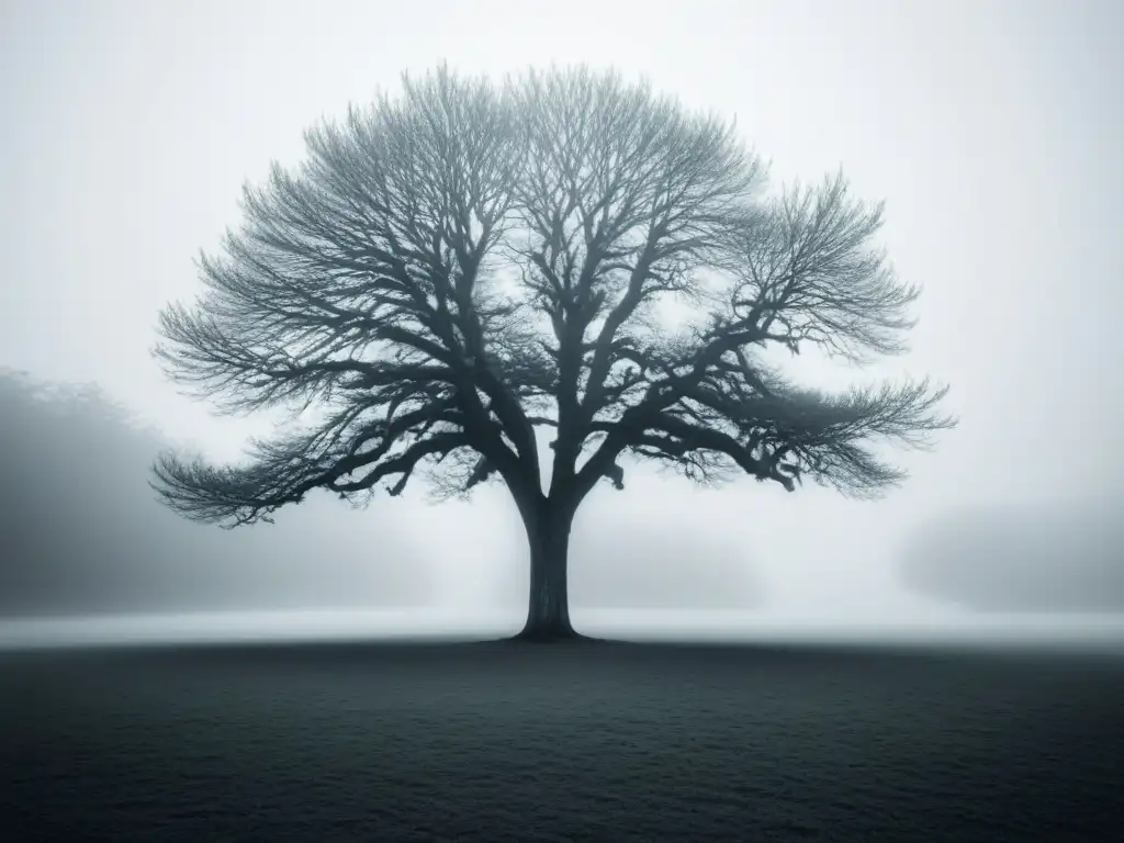 Un árbol solitario destaca en un paisaje sereno en blanco y negro, evocando poesía visual transformadora palabras