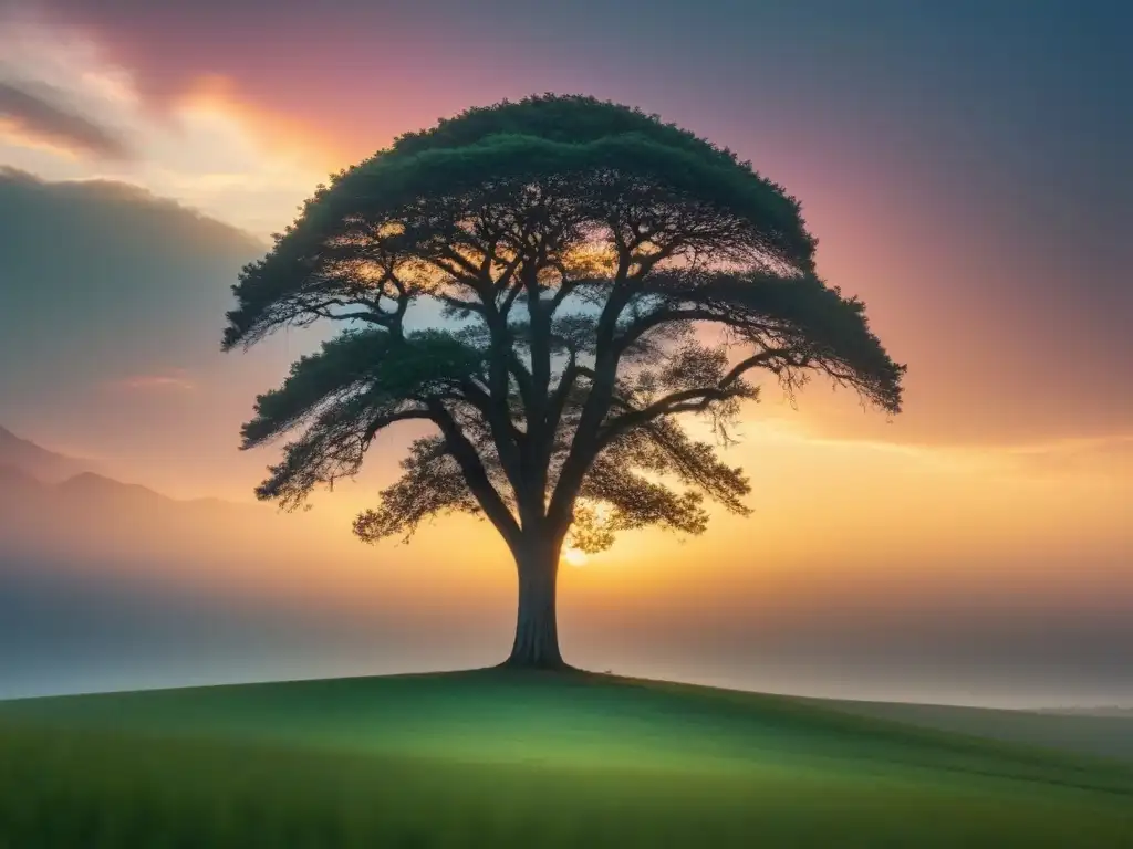 Un árbol solitario se alza en un paisaje vasto y sereno al atardecer, simbolizando esperanza y resiliencia en medio de desafíos ambientales