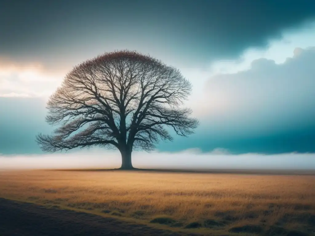 Un árbol solitario destaca en un paisaje vasto e inexplorado, con ramas detalladas y cielo sereno