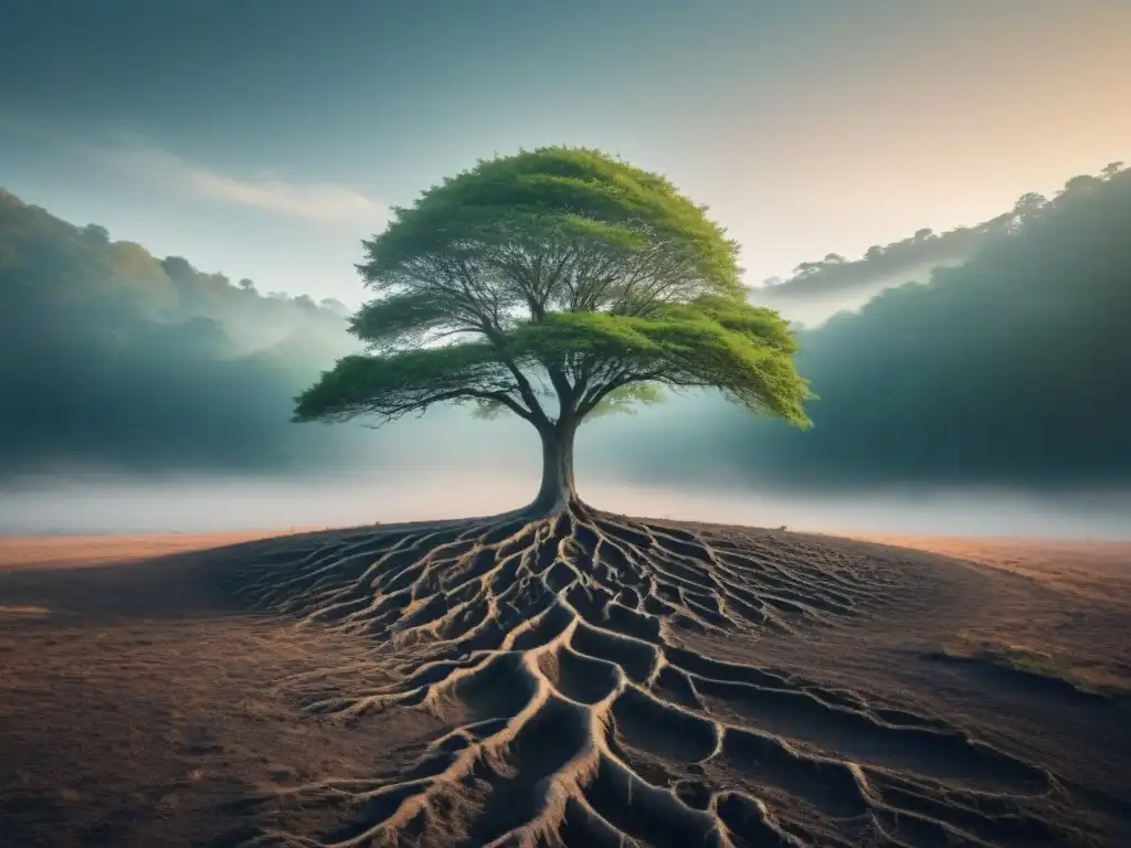 Un árbol solitario se alza en un paisaje vasto y vacío, sus raíces profundas y ramas extendiéndose hacia el cielo