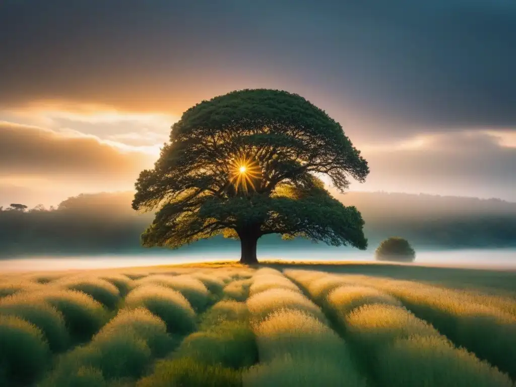 Un árbol solitario en pradera al amanecer, luz dorada entre nubes