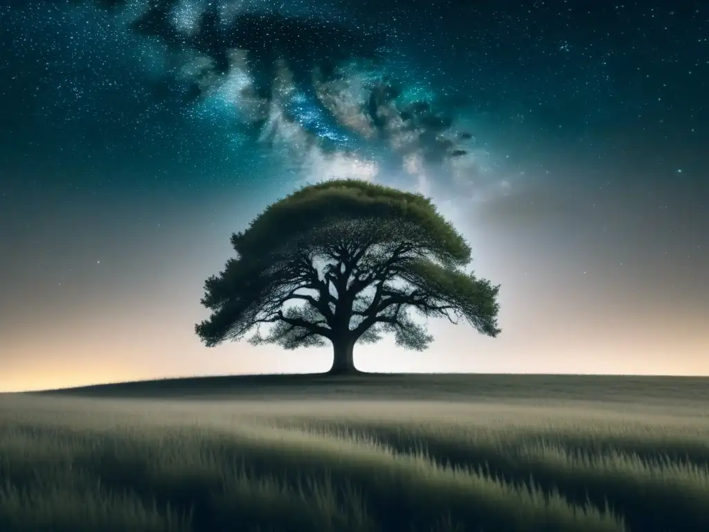 Árbol solitario en prado estrellado, reflejo de la Invocación de la Naturaleza en Poesía