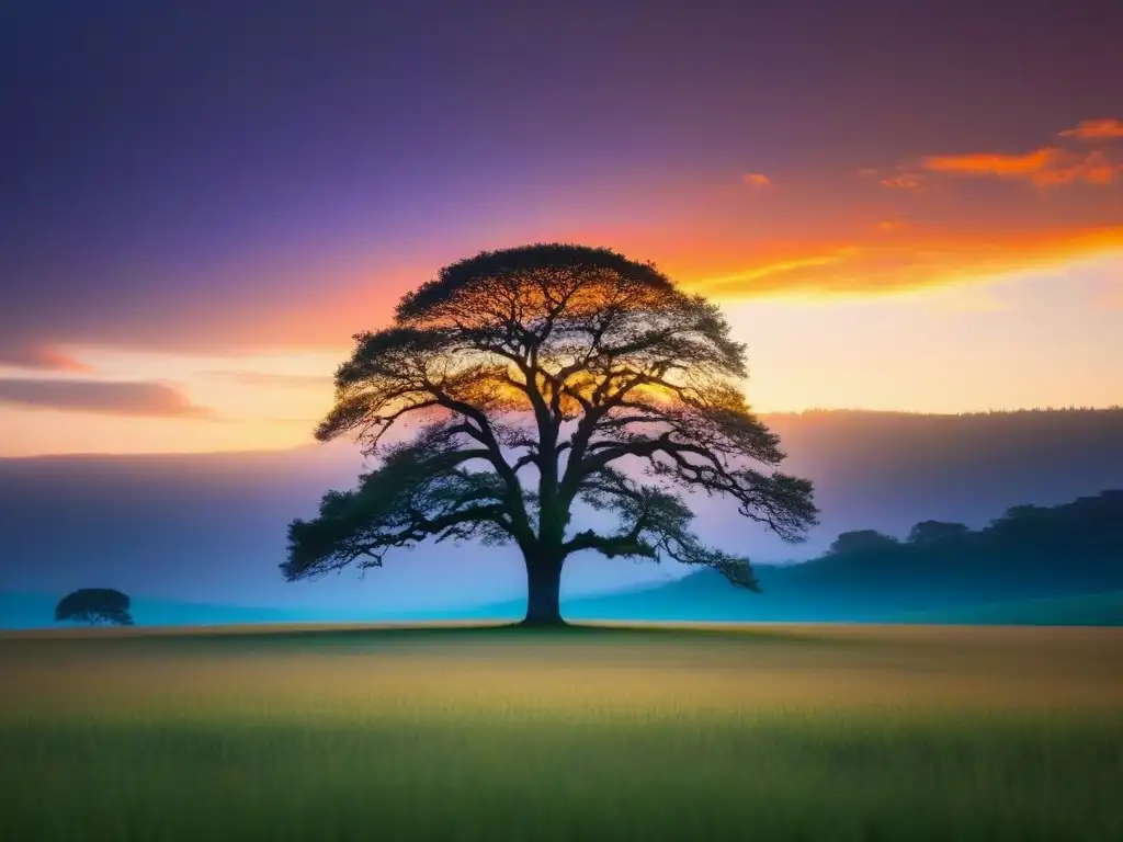 Un árbol solitario se alza en un prado sereno al atardecer, su silueta detallada contrasta con el cielo anaranjado, rosa y morado