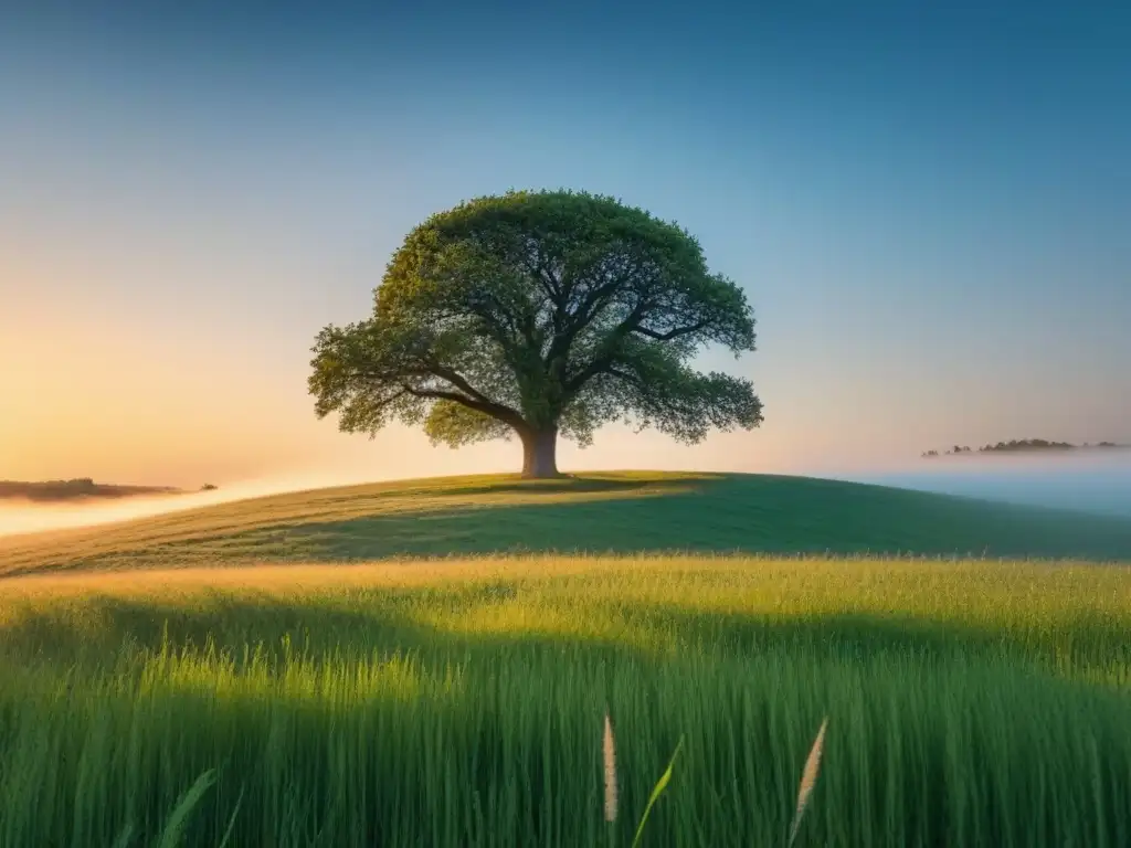 Un árbol solitario destaca en un prado sereno, bajo un cielo azul, iluminado por el cálido sol poniente