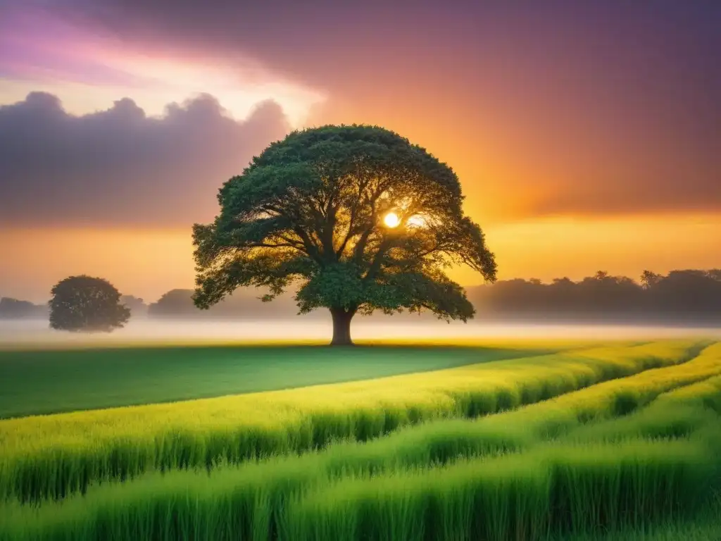 Un árbol solitario se alza en un prado sereno al atardecer dorado, evocando poesía ecocrítica en tiempos oscuros