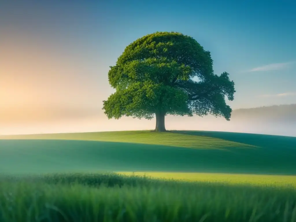 Un árbol solitario en un prado tranquilo, bajo un cielo azul