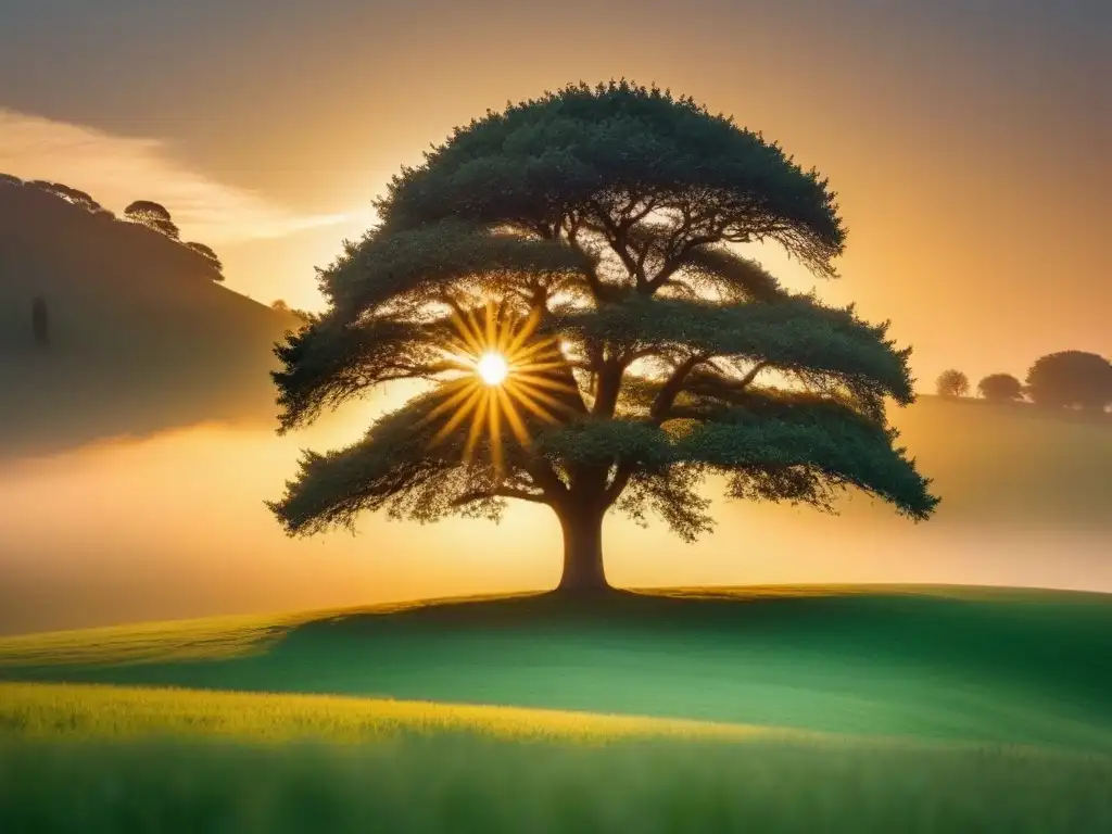 Árbol solitario en prado verde, atardecer dorado