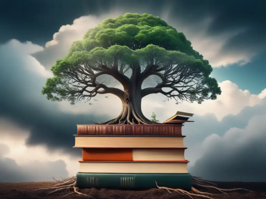 Un árbol solitario con raíces entrelazadas en libros, poesía como testimonio cambio climático