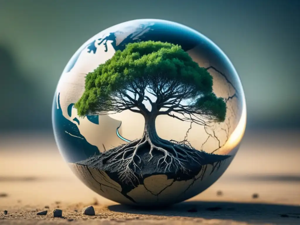Un árbol solitario con raíces en un globo agrietado