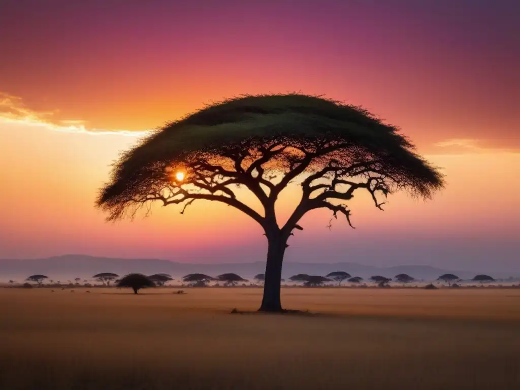 Árbol solitario en la sabana africana al atardecer, poesía africana contemporánea belleza palabras