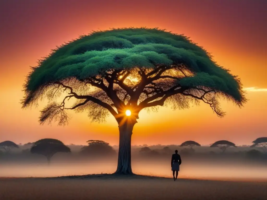 Puesta de sol africana: poesía en la naturaleza Árbol solitario en la sabana africana al atardecer, traducción poesía africana al mundo