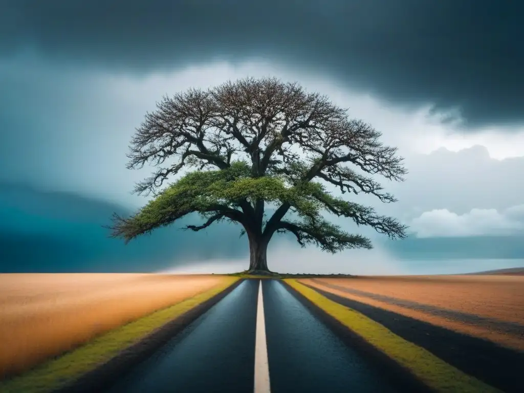 Un árbol solitario desafiando la tormenta en un paisaje desolado