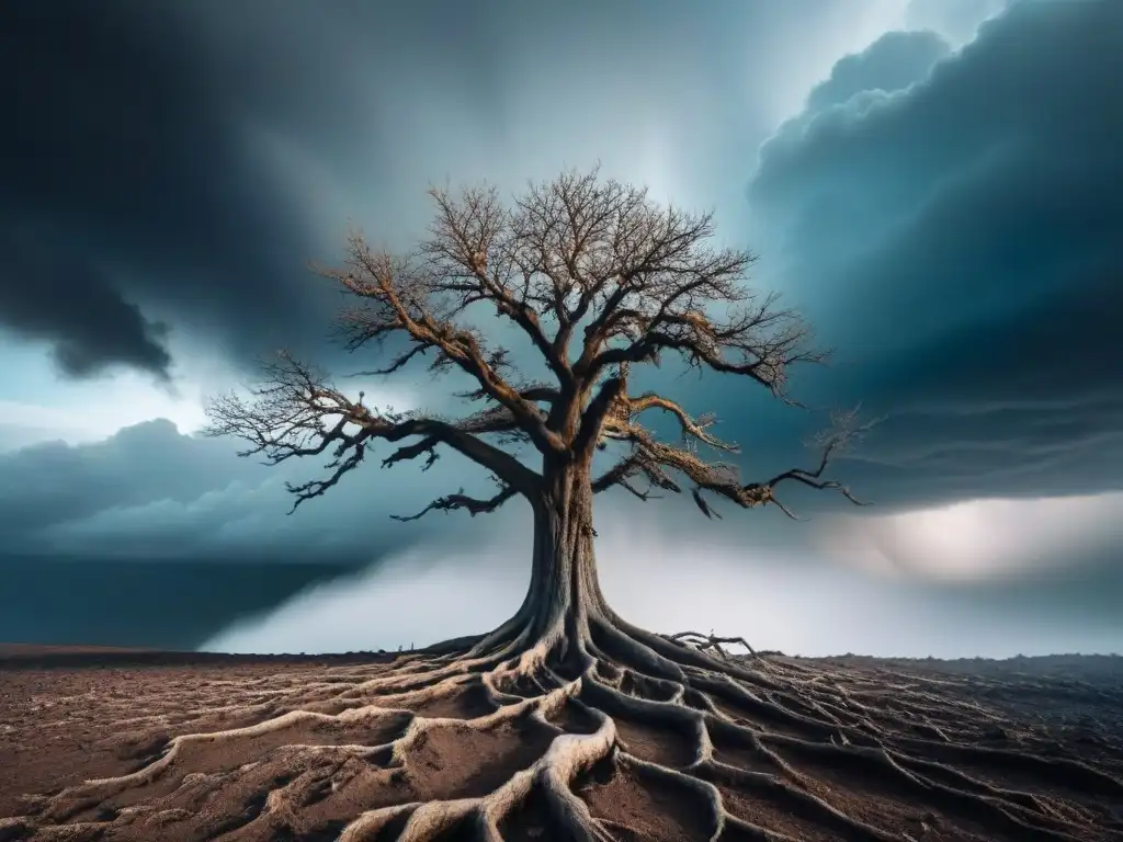 Árbol solitario desafiando la tormenta en un paisaje yermo, raíces expuestas simbolizan la poesía lírica del cambio climático