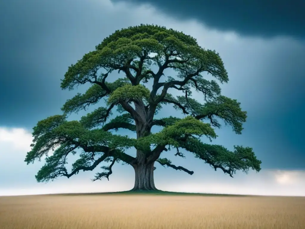 Un árbol solitario resistiendo la tormenta, evocando la poesía transformadora