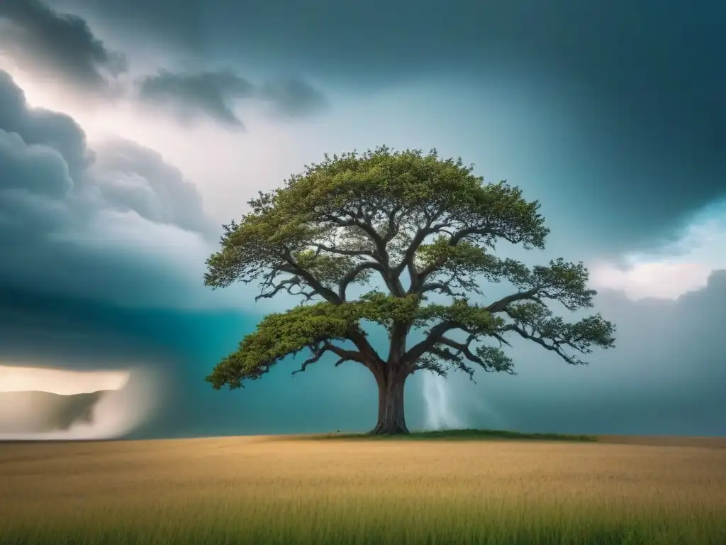 Un árbol solitario desafiando la tormenta, sus ramas extendiéndose con fuerza contra el viento