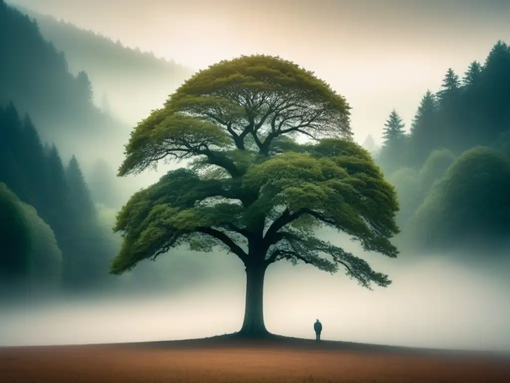 Un árbol solitario se alza en un vasto bosque, sus ramas se extienden hacia el cielo en armonía