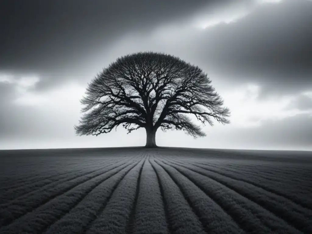 Un árbol solitario en un vasto campo bajo un cielo nublado, inspirando reflexiones poéticas sobre la naturaleza