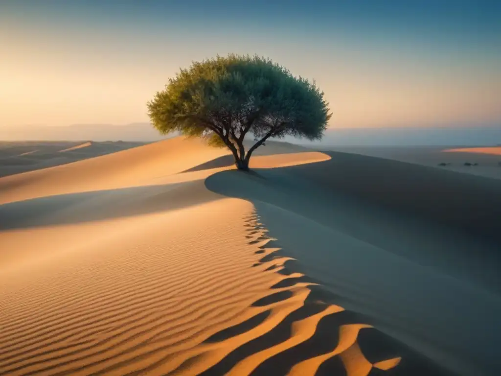 Un árbol solitario en un vasto desierto dorado, bajo un cielo azul claro