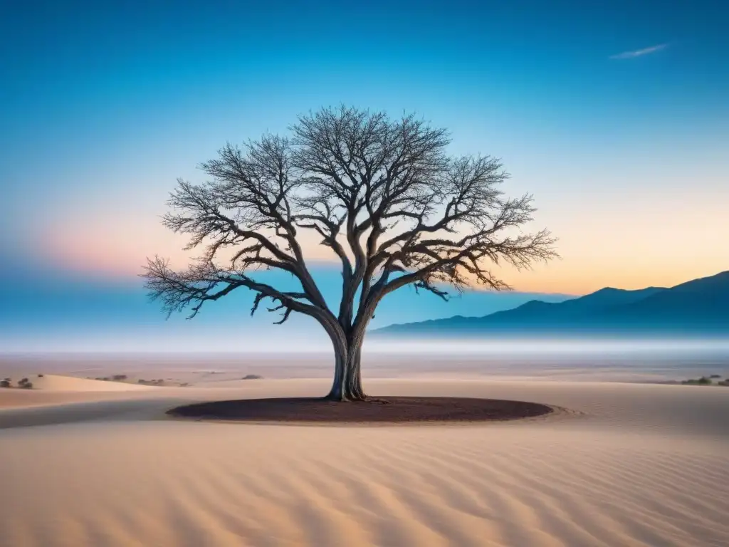 Un árbol solitario se alza en un vasto desierto, fusionando poesía y fotografía en arte