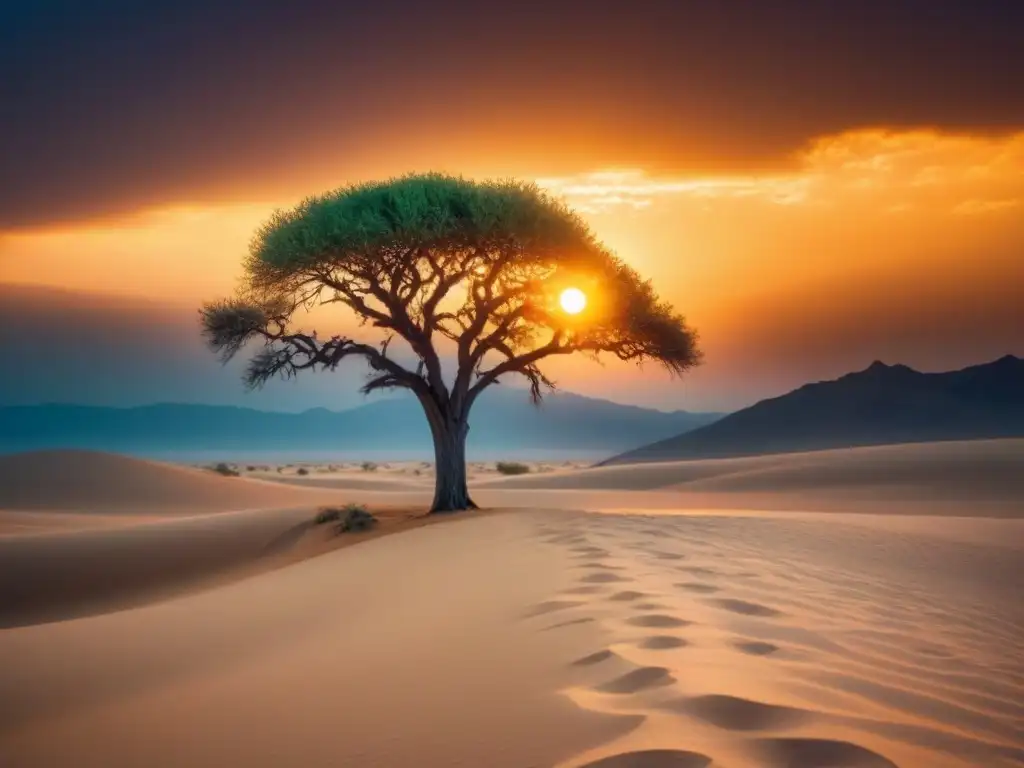 Un árbol solitario se yergue en un vasto desierto al atardecer, proyectando sombras largas en la arena