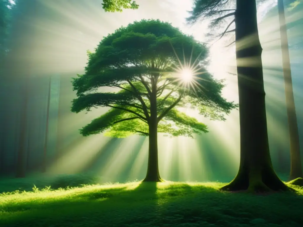 Árbol solitario en bosque verde, luz filtrándose entre hojas