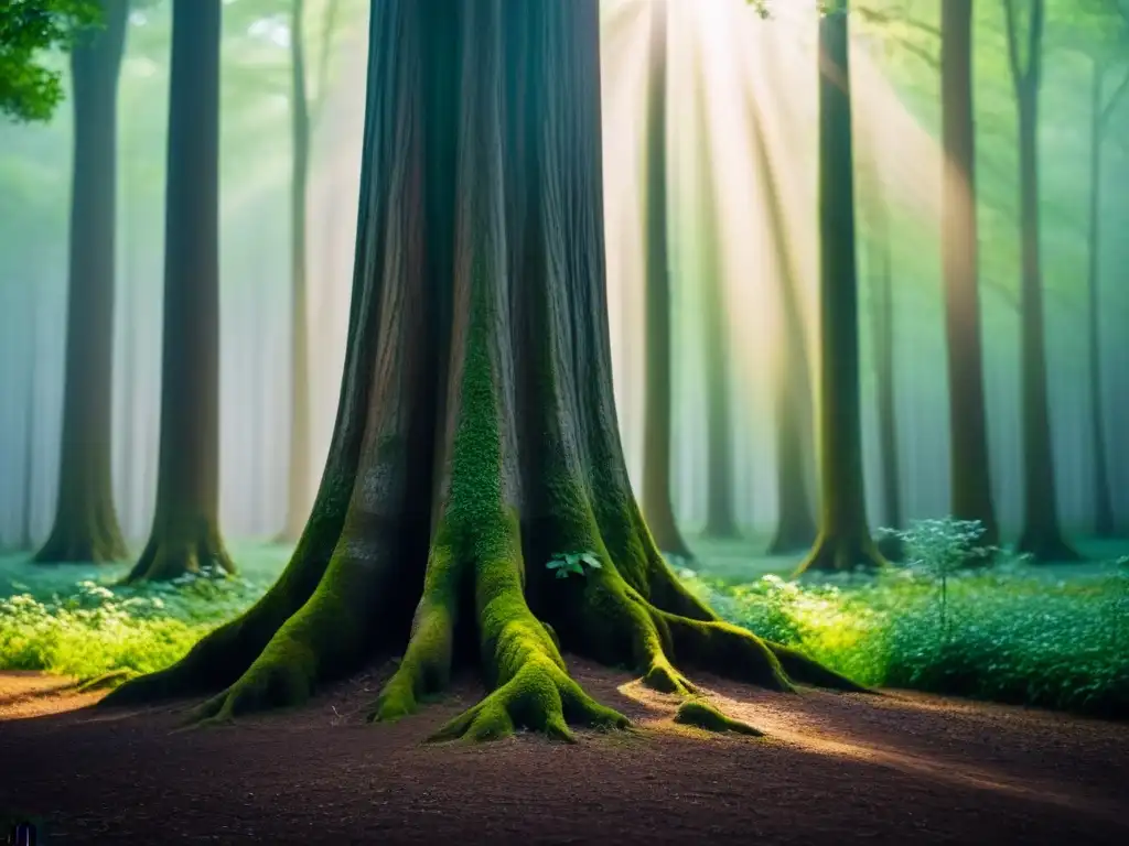 Árbol solitario en bosque verde, luz solar entre hojas crea efecto moteado en suelo