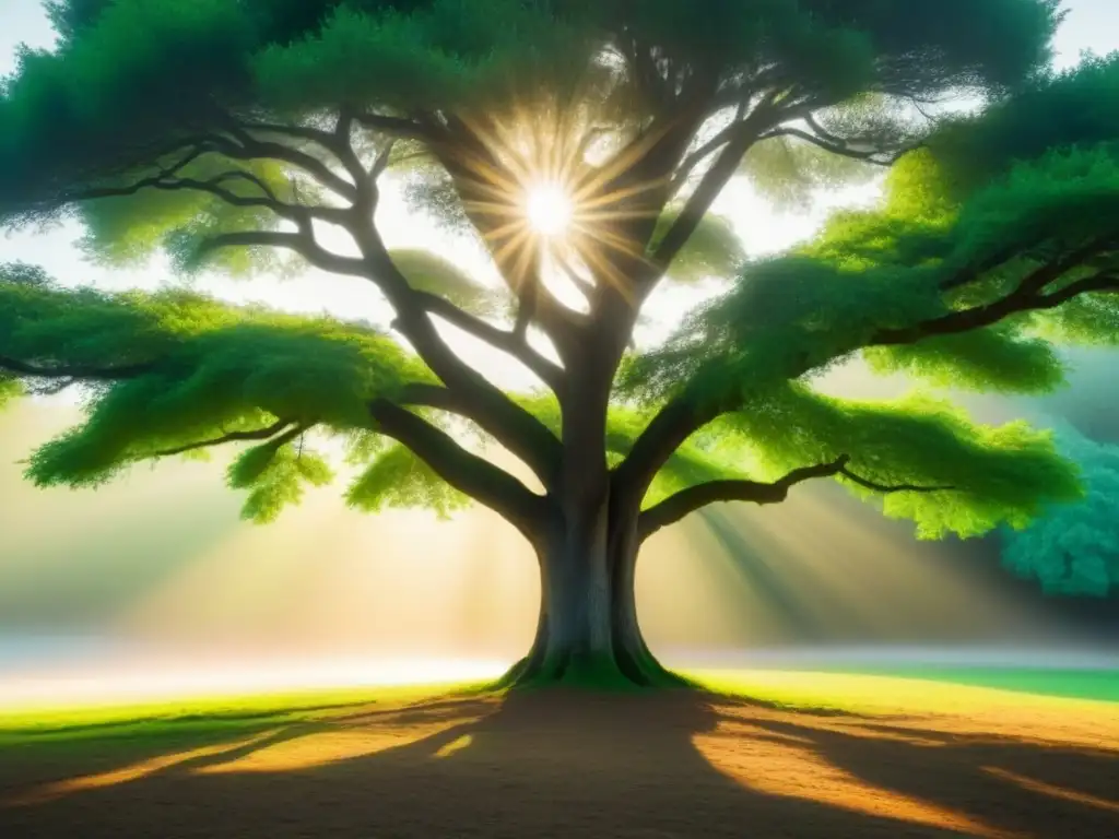 Un árbol verde vibrante se inclina graciosamente hacia un grupo de aves coloridas