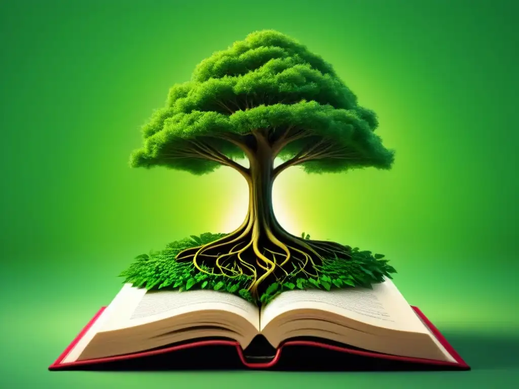 Un árbol verde vibrante crece desde un libro abierto, rodeado de palabras y frases sobre conciencia ambiental y poesía