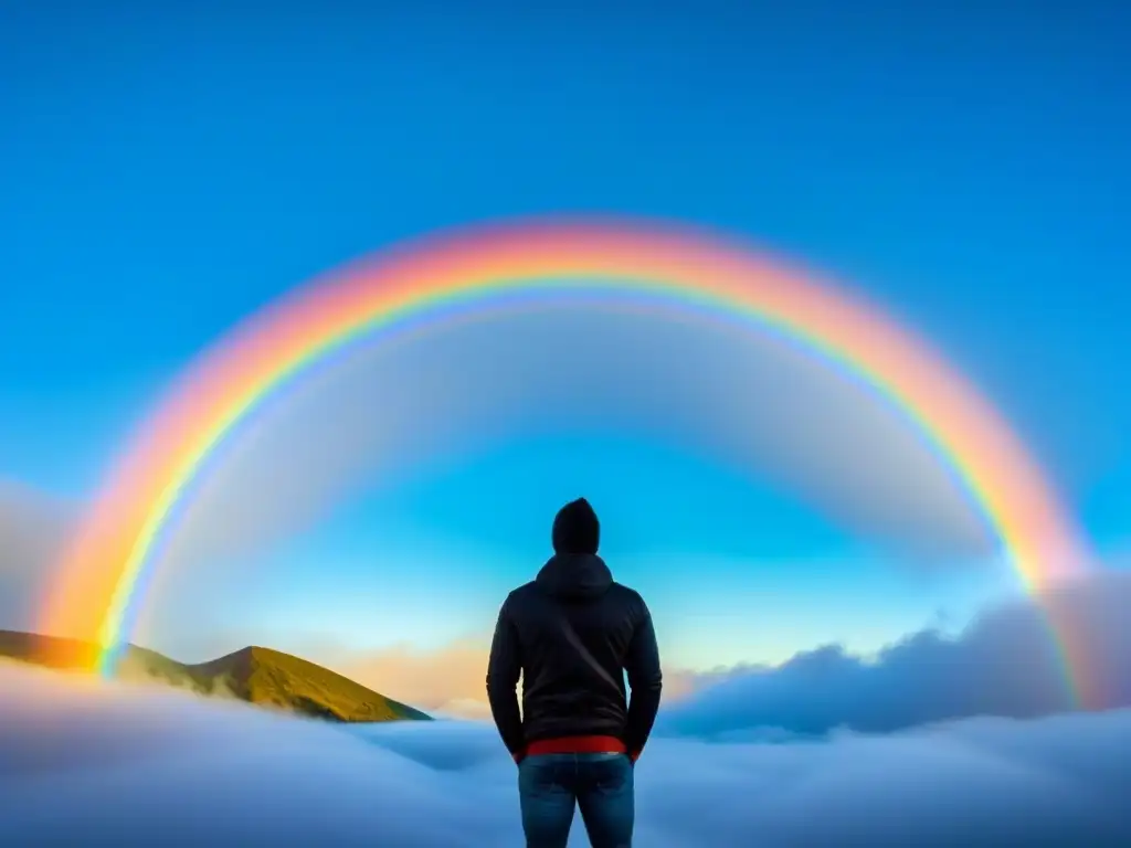 Un arcoíris vibrante se extiende en un cielo azul, representando la diversidad de la traducción poética