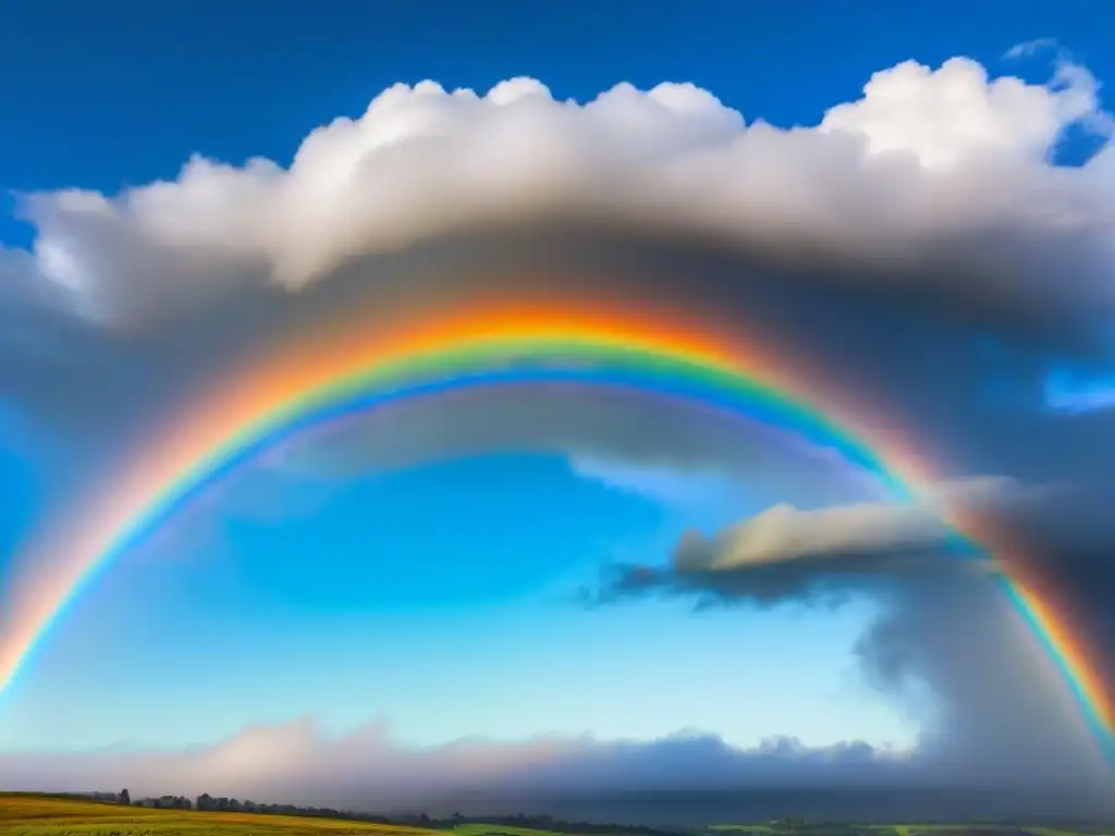 Un arcoíris vibrante sobre un cielo azul, reflejando la psicología del color en poesía