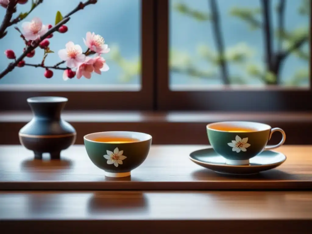 Armonía japonesa: juego de té con flores de cerezo, luz natural