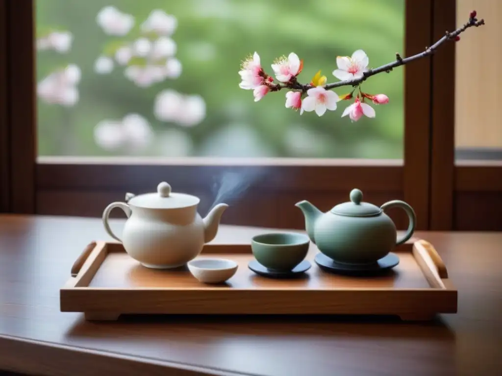 Armonioso set de té japonés con una rama de cerezo junto a él, iluminado por la suave luz natural