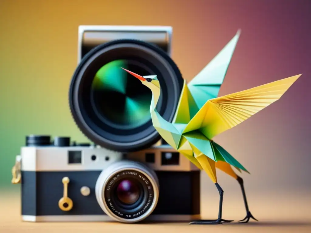 Fusión poesía fotografía arte: Origami crane delicado sobre lente vintage, reflejando elegancia y sutileza en una composición sofisticada