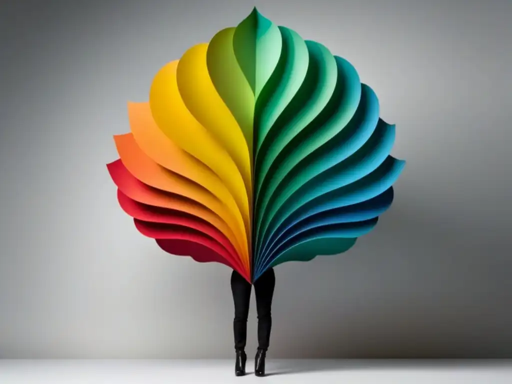 Arte de papel delicado con colores vibrantes y formas abstractas, proyectando sombras en un fondo blanco