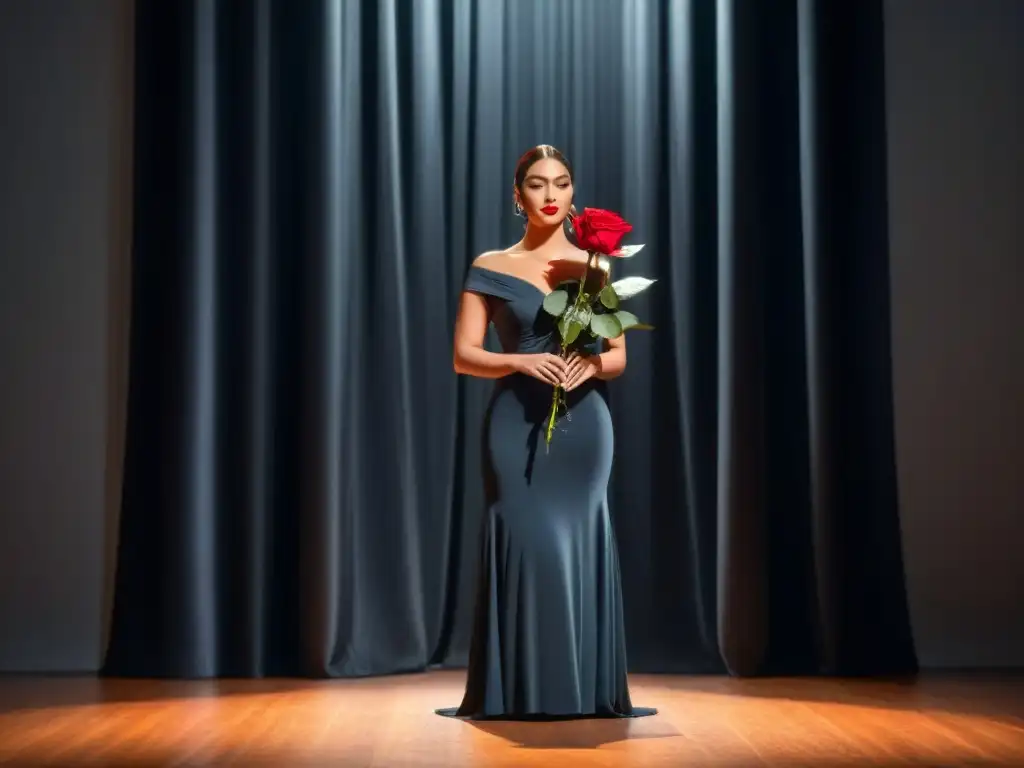 Artista solitario en escenario iluminado, recitando poesía apasionadamente con una rosa roja