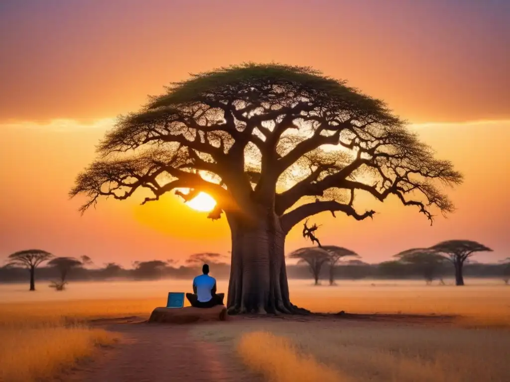 Un atardecer africano cálido y vibrante con un árbol baobab y una persona leyendo poesía africana bajo él