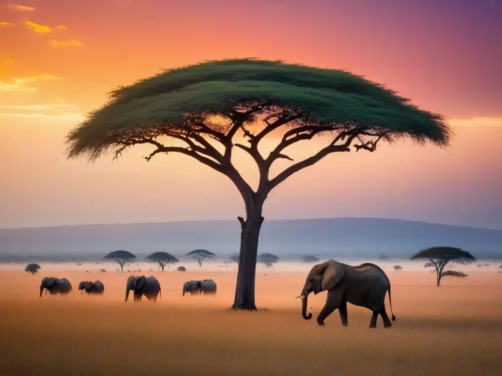 Un atardecer africano sereno con una acacia solitaria en silueta ante el vibrante cielo