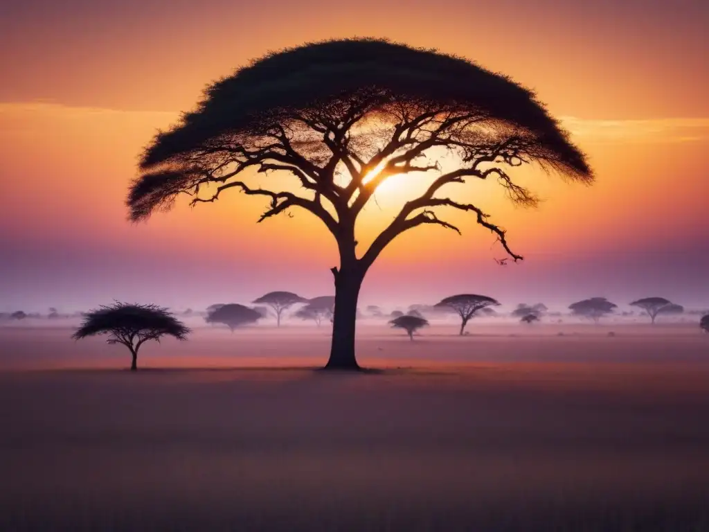 Paisaje africano al atardecer: acacia solitaria silueteada Un atardecer africano: la silueta de una acacia solitaria se recorta ante el sol, pintando sombras en la sabana