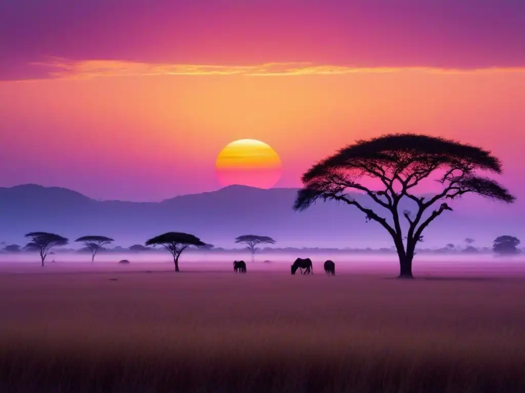 Un atardecer africano vibrante y sereno con acacias y montañas en silueta bajo un cielo de cálidos tonos