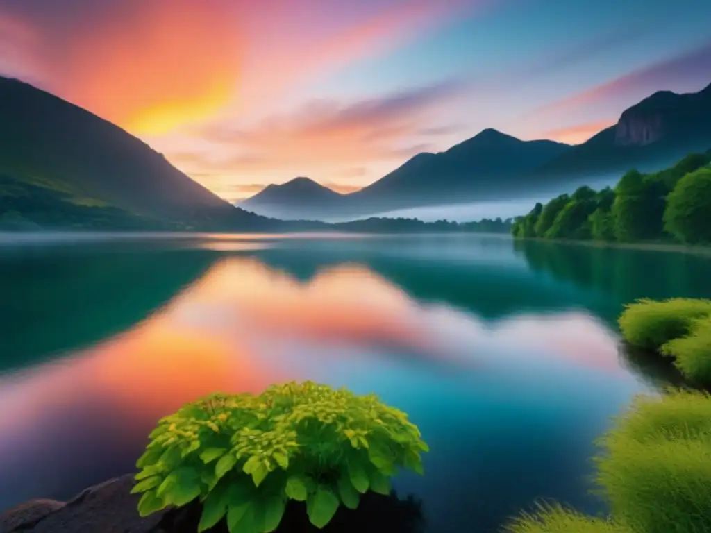 Atardecer de colores sobre lago sereno, árboles verdes y montañas distantes, un paisaje de paz y armonía, poder transformador palabras poesía empatía