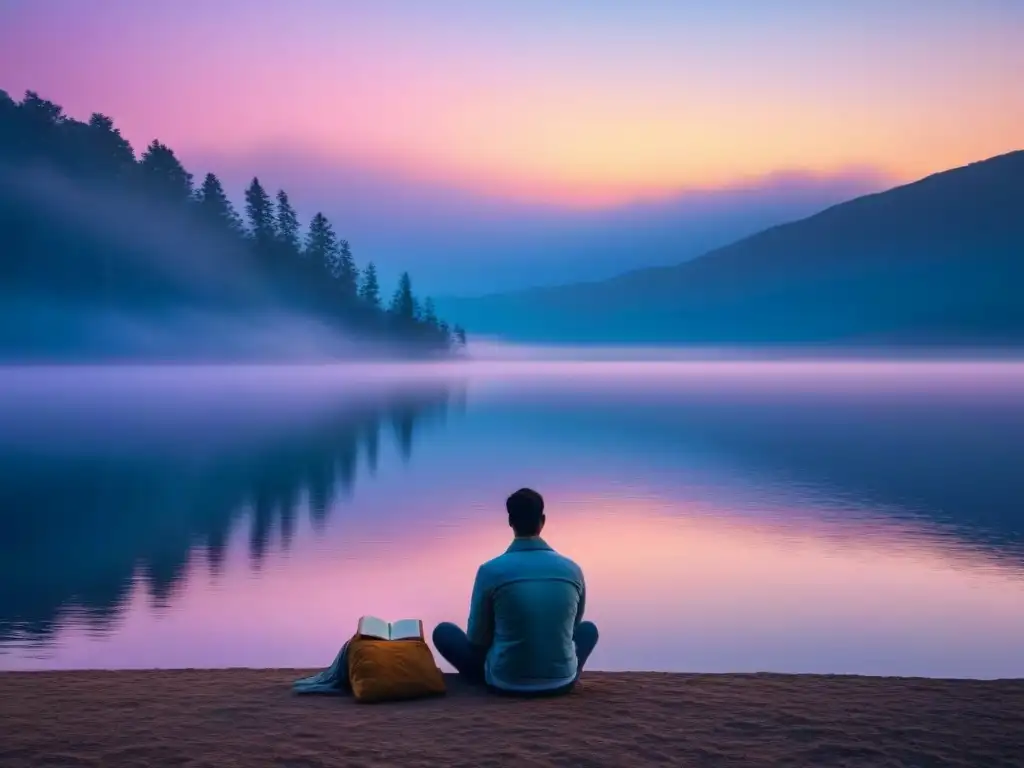 Un atardecer en un lago sereno, reflejando los colores vibrantes del cielo, con una figura leyendo poesía introspectiva