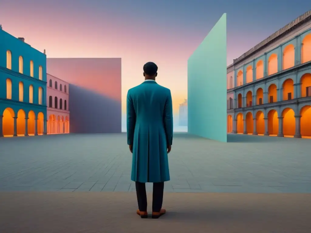 Un atardecer en plaza desierta, sombras alargadas y arquitectura surrealista al estilo de Giorgio de Chirico