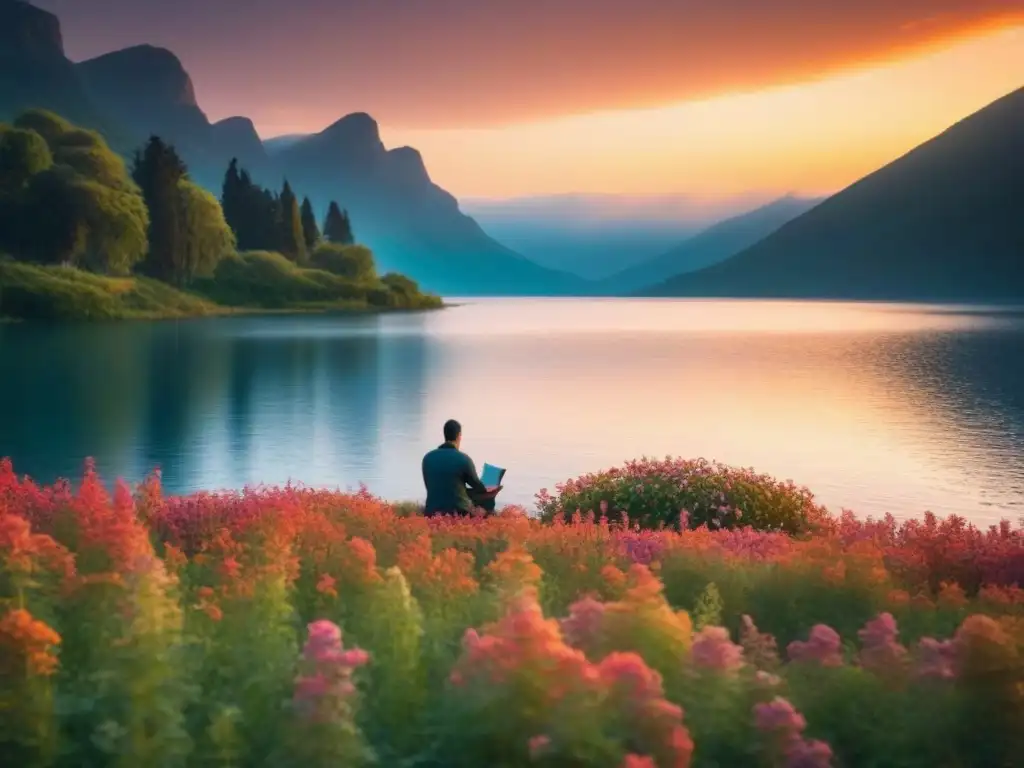 Un atardecer reflejado en un lago sereno donde una figura lee un libro de poesía, rodeada de flores, alma transformadora