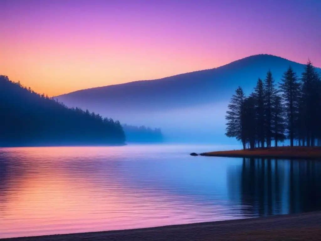 Un atardecer sereno sobre un lago, con colores vibrantes reflejados en el agua y árboles siluetados en el horizonte